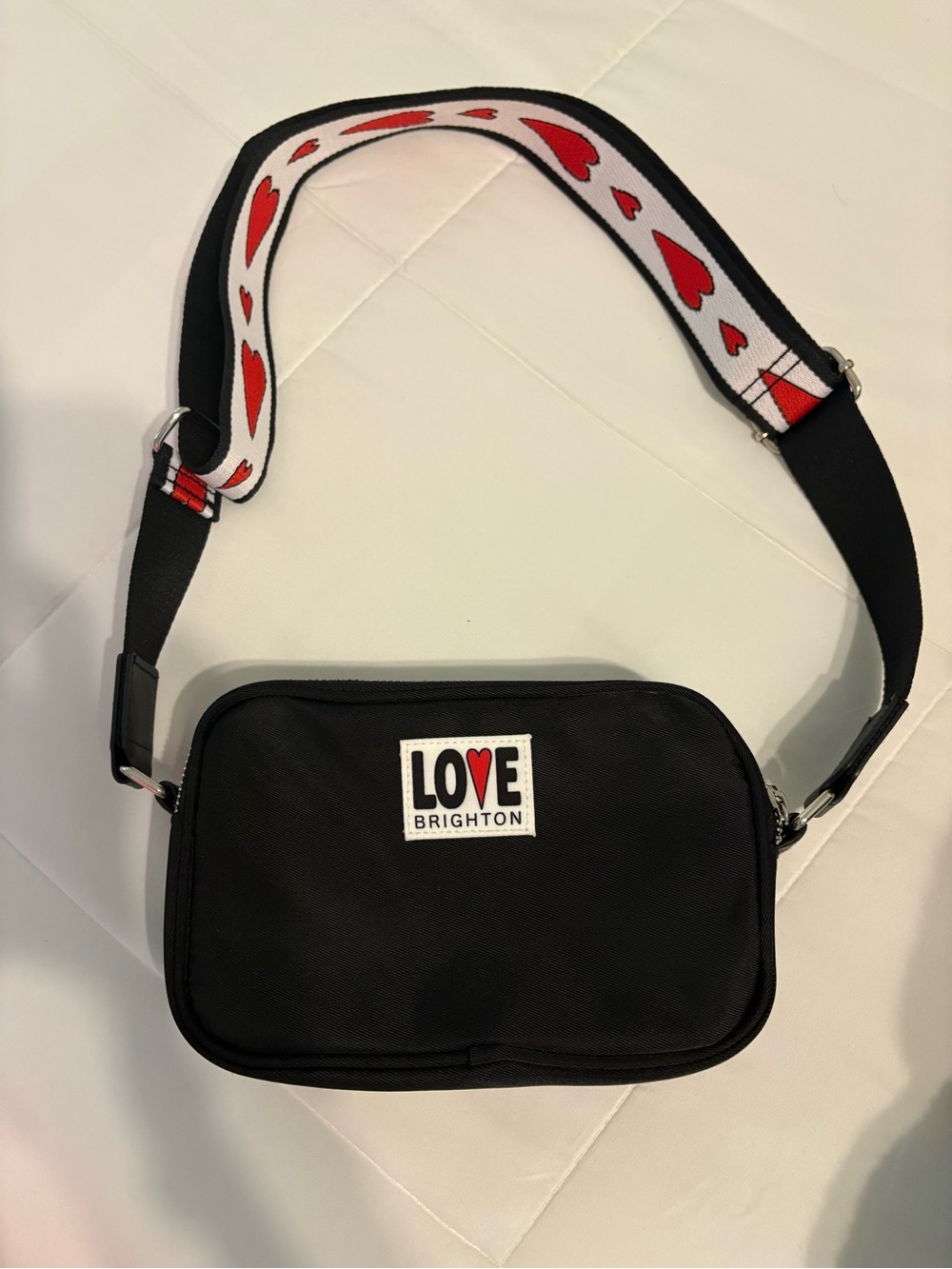 Brighton LOVE Crossbody Bag Black Nylon Heart Strap Zip Shoulder Purse NWOT